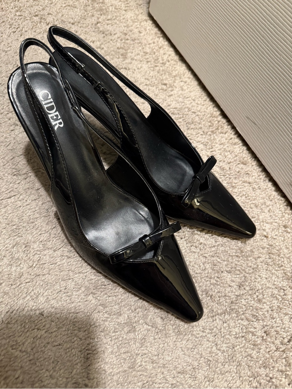 Cider Black Patent Pointed-Toe Slingback Pumps with Bow